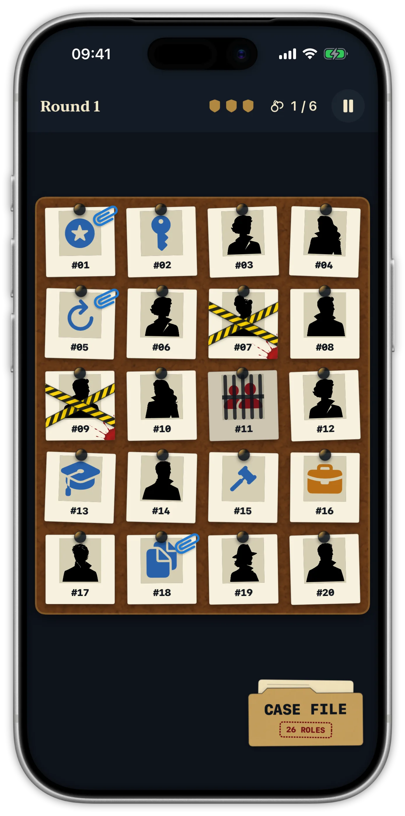 A Pocket Detective case with twenty suspects on the evidence board