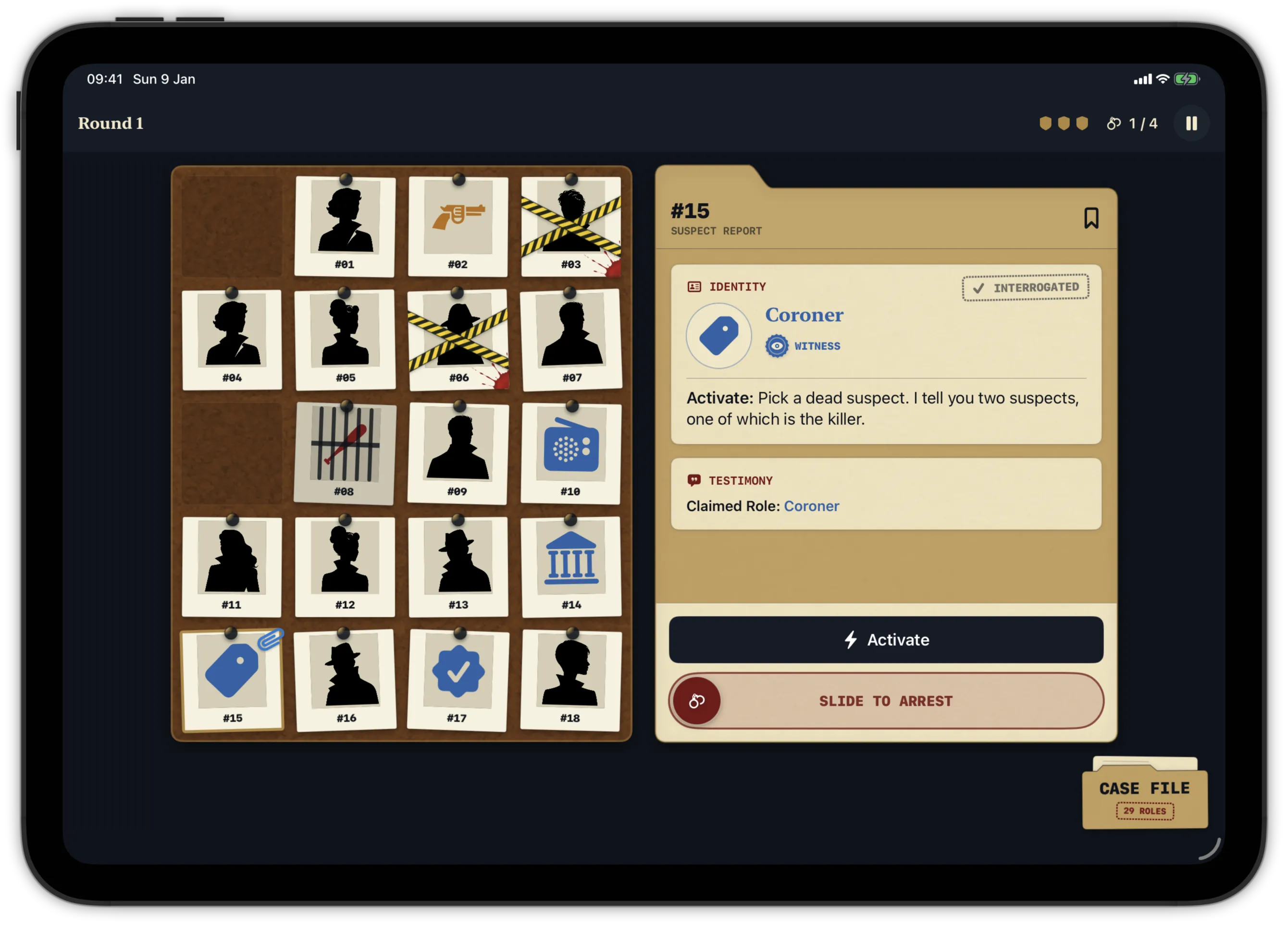 Pocket Detective investigation board and suspect report displayed side by side on iPad