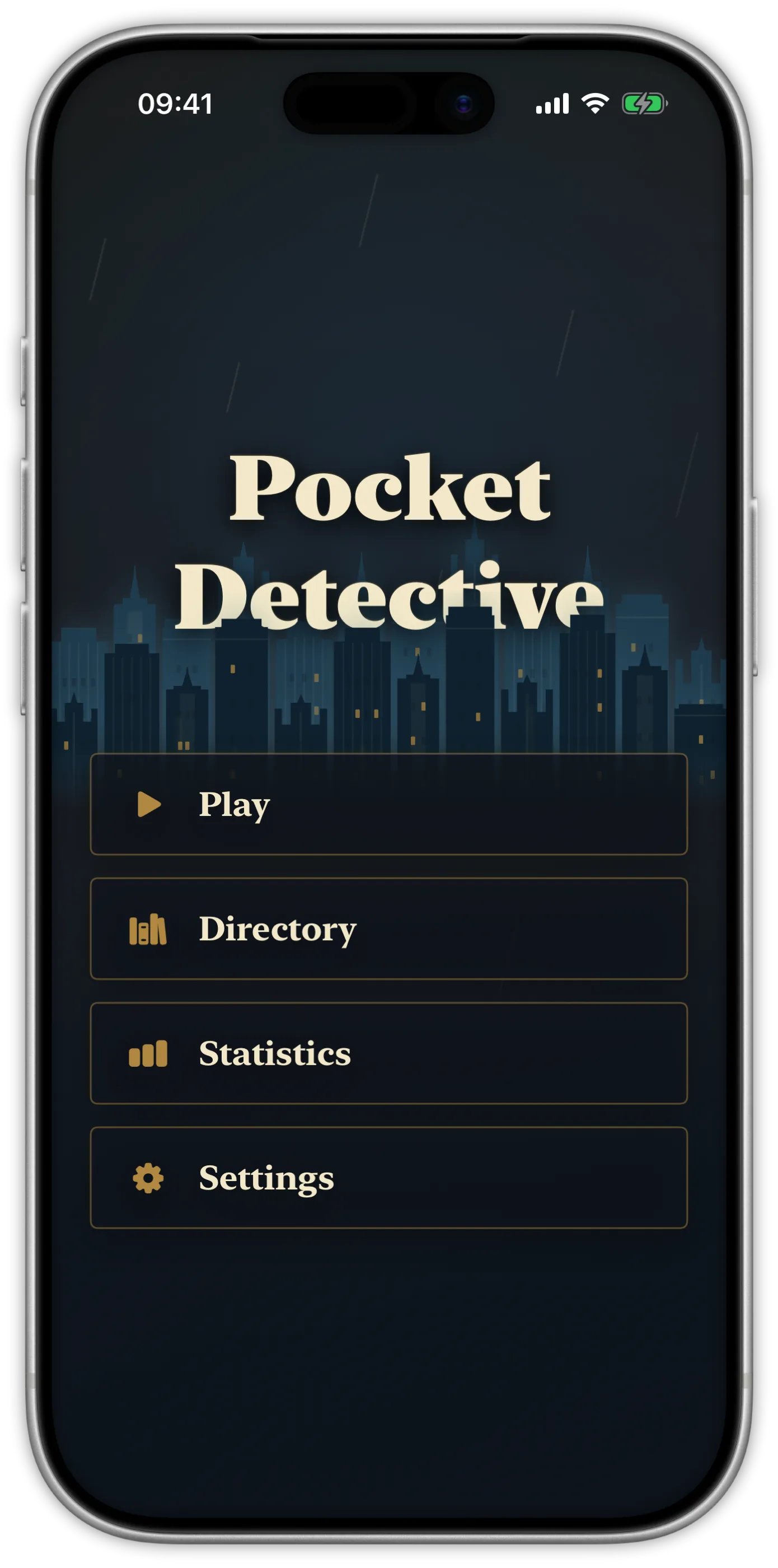 Pocket Detective main menu against a nighttime skyline
