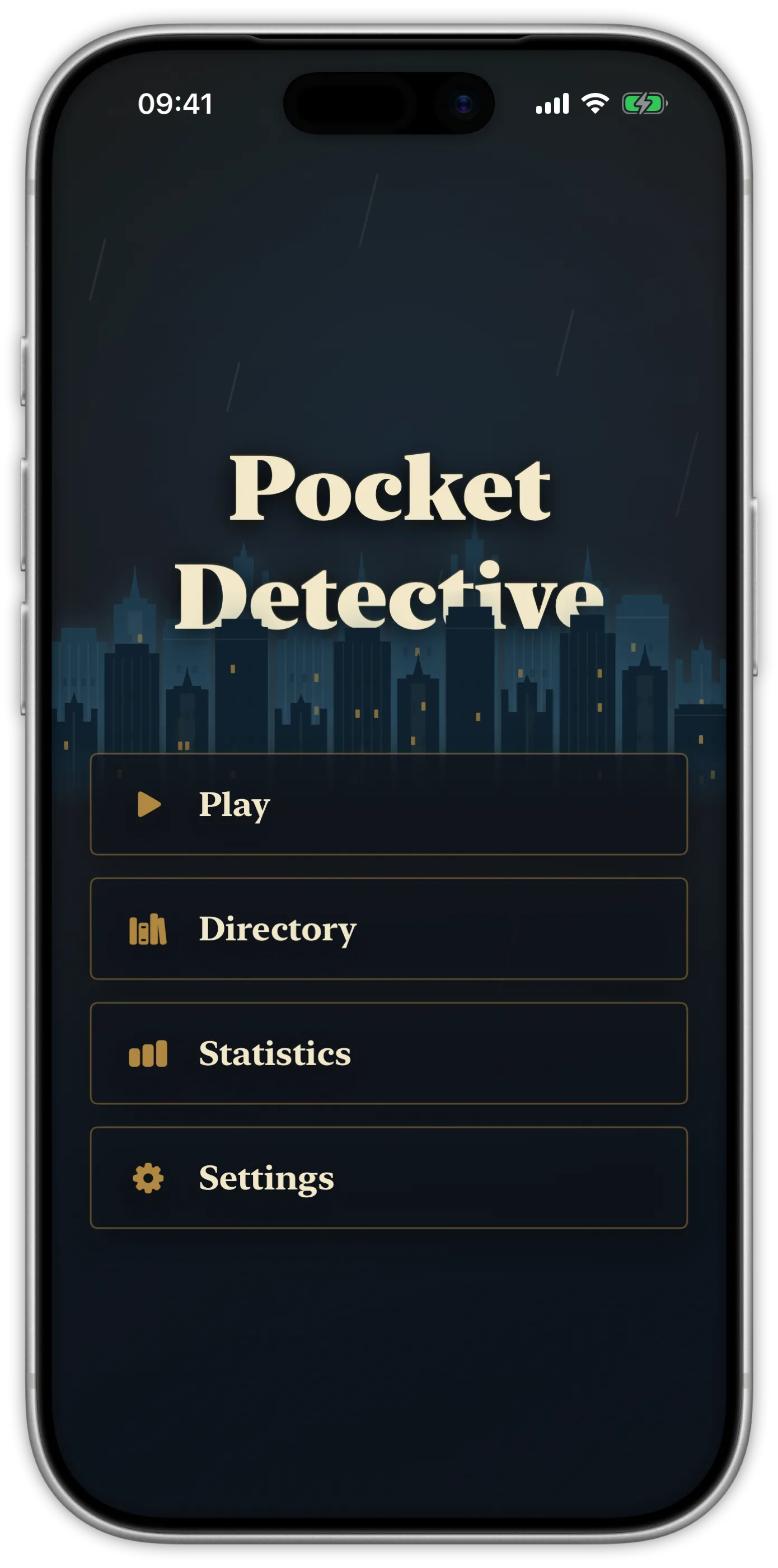 Pocket Detective main menu on iPhone