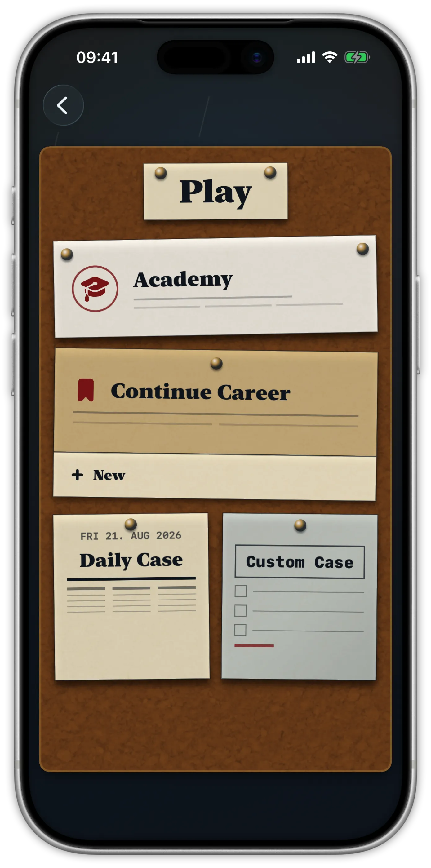 Pocket Detective case selection screen on iPhone