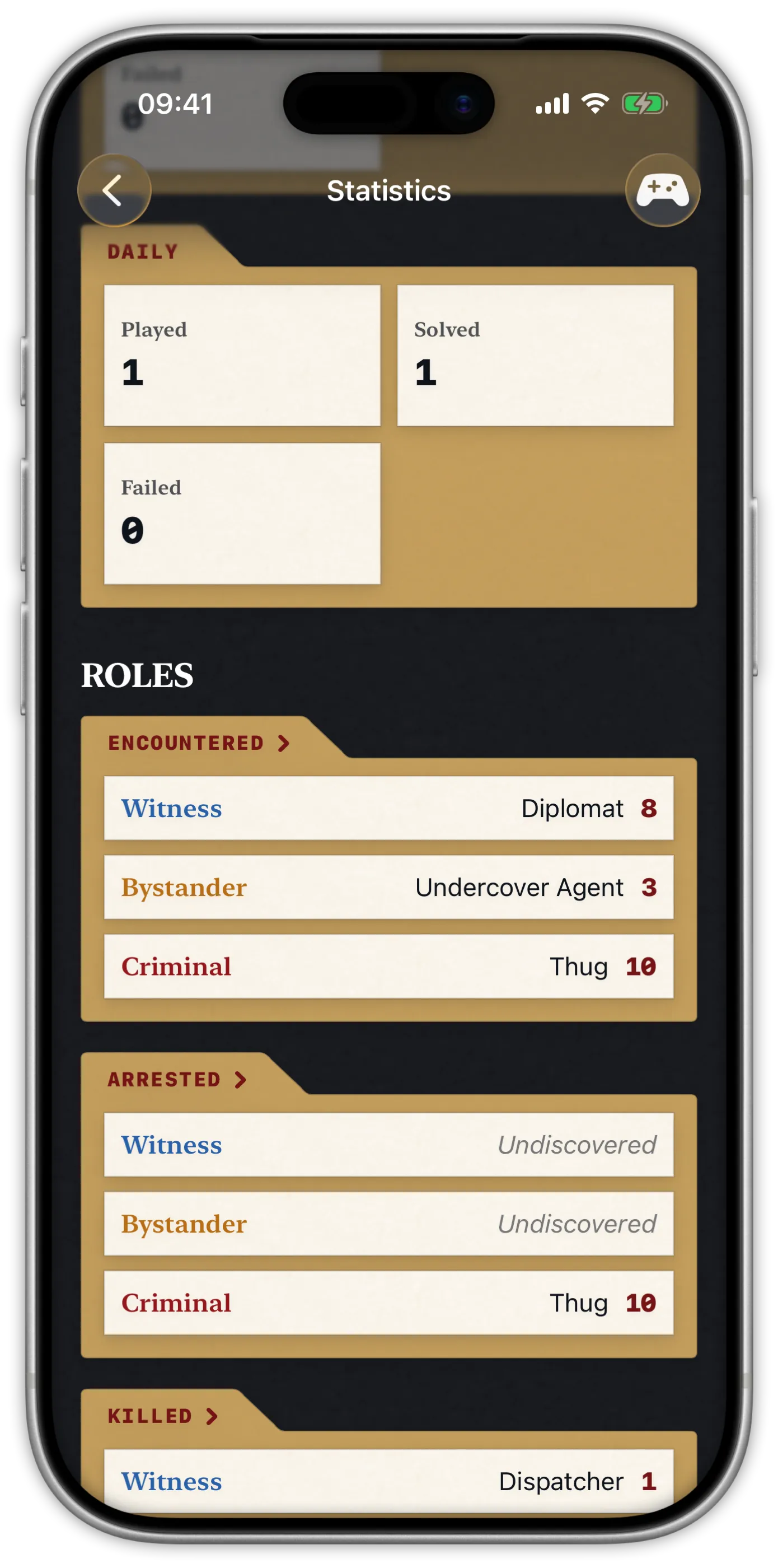 Pocket Detective statistics on iPhone